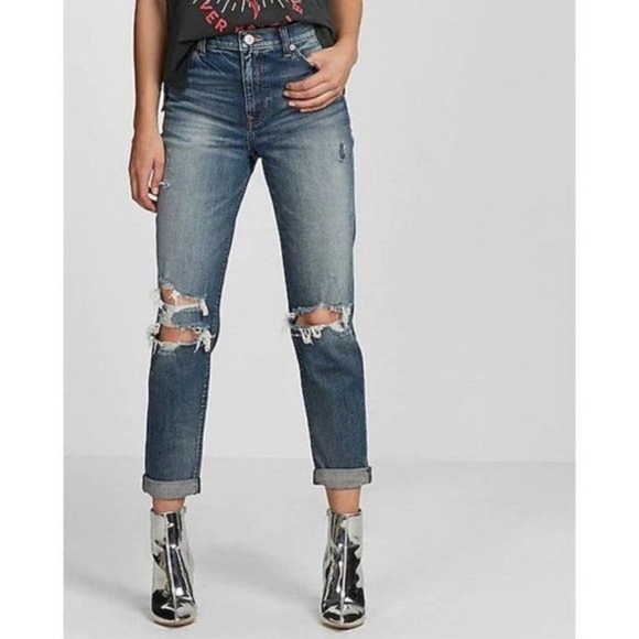 Express Girlfriend High Rise Denim Jeans Women’s SZ 0 in Ripped Medium Wash - Picture 1 of 11